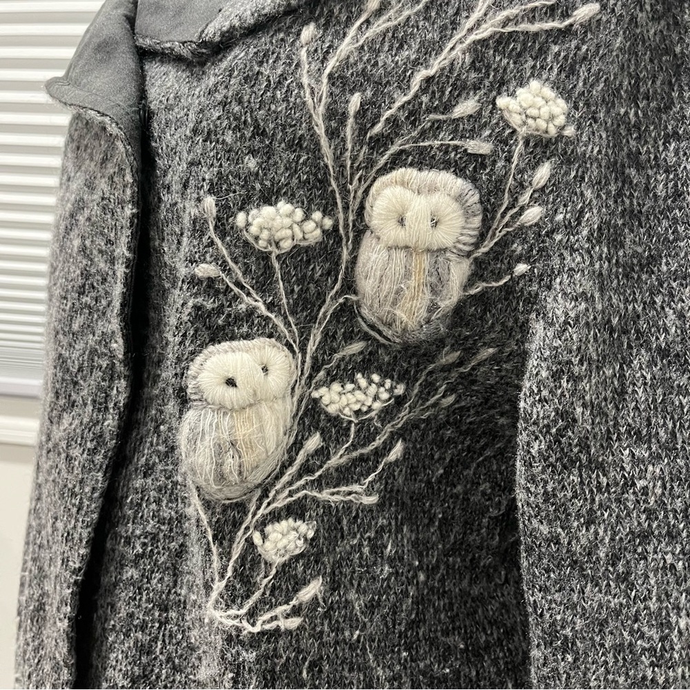 Grey Shawl like Cardigan, Embroidered Owl Detailing, Size Large, Scoop Neck